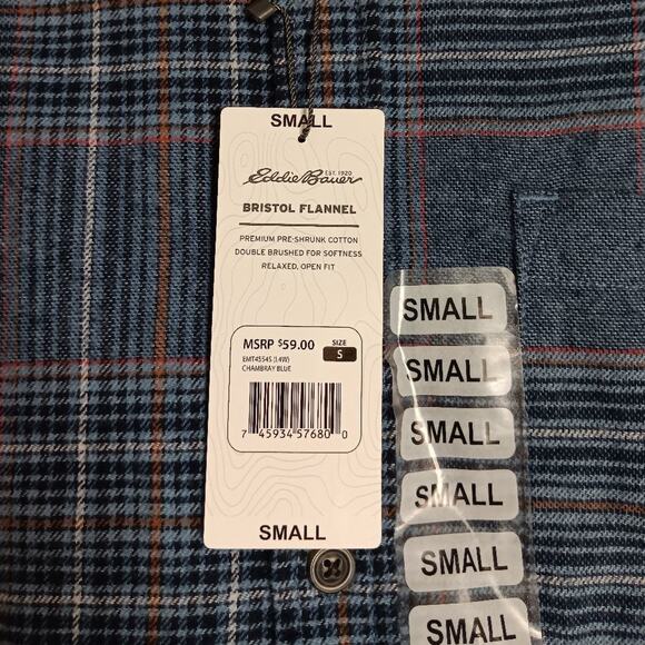 Eddie Bauer Bristol Flannel Shirt Mens Small Blue Plaid Relaxed Fit Casual - Picture 5 of 14